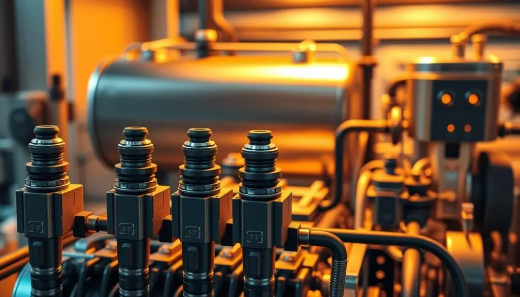 Diesel fuel system components diagram showing high-pressure common rail injection flow from tank through filters to injectors