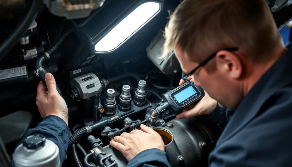 Technician performing visual inspection of diesel fuel system checking for leaks and contamination signs