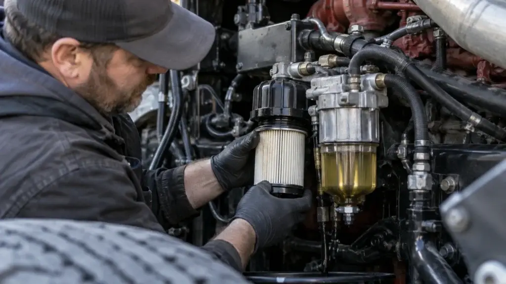 Diesel technician servicing a heavy-duty truck fuel filter and water separator during preventive fuel system maintenance.