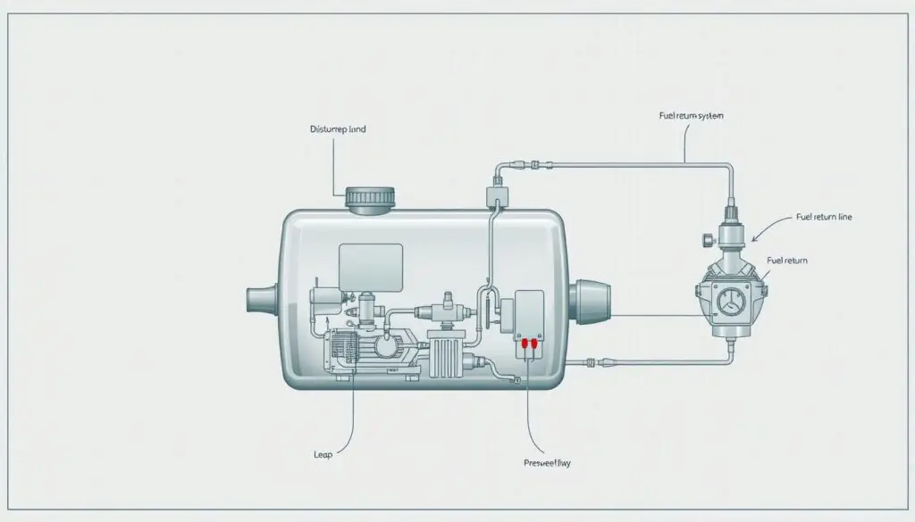 Diesel fuel system pressure flow diagram showing supply and return circuits