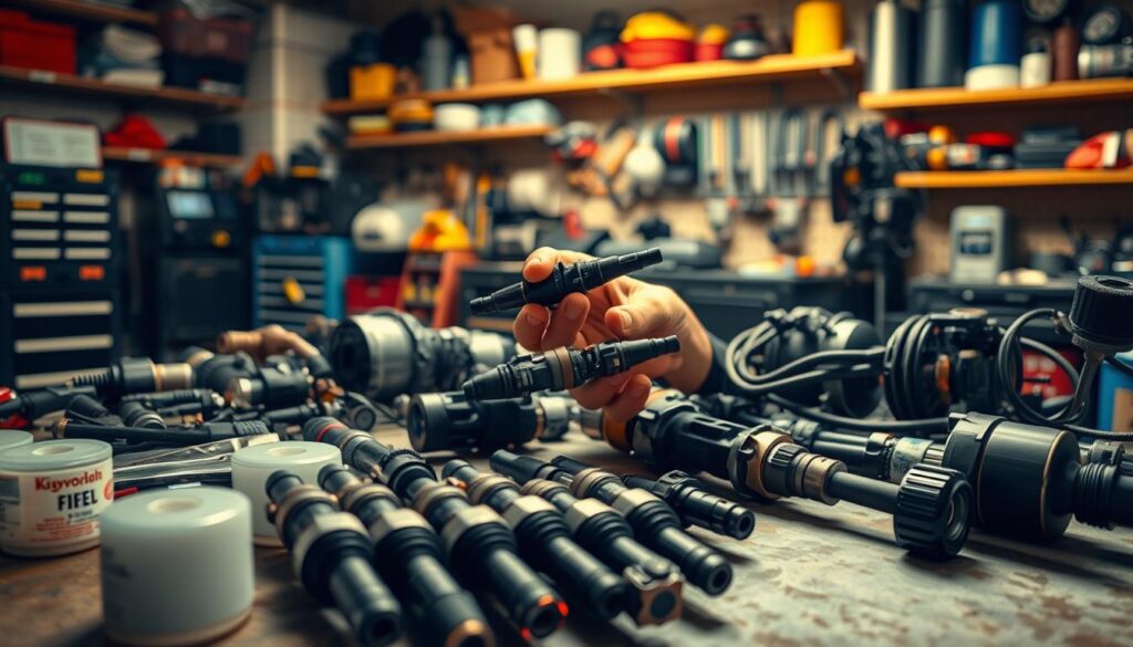 Diesel technician using diagnostic scanner to troubleshoot fuel system fault codes on commercial truck