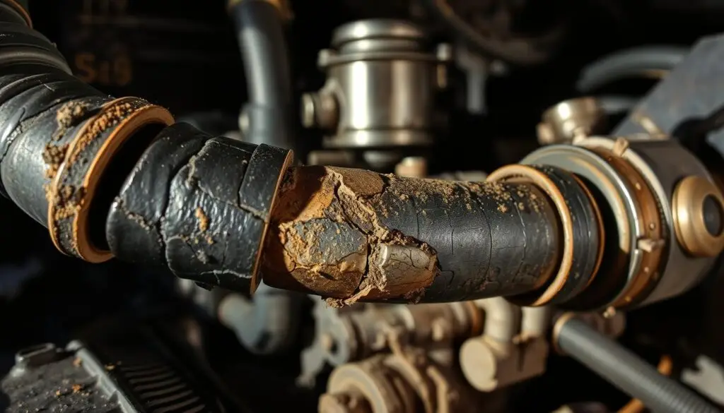 Degraded diesel fuel return line showing age-related rubber deterioration