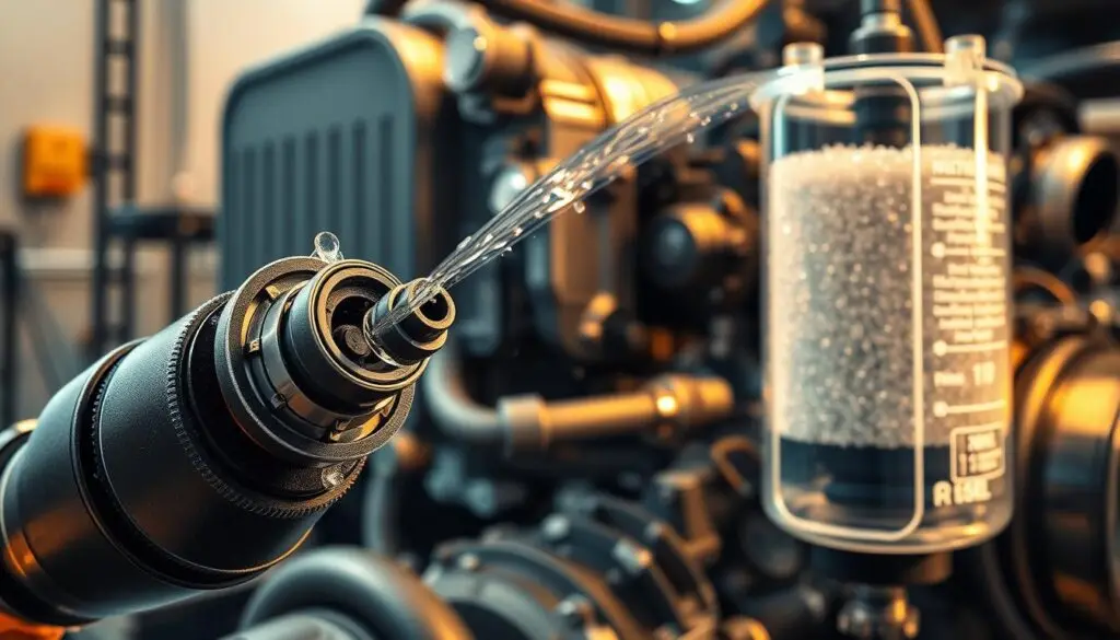 Diesel fuel treatment cleaning methods showing additive bottles and mechanical cleaning equipment