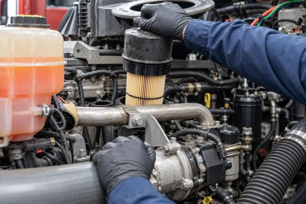 Diesel technician replacing a fuel water separator filter inside a semi-truck engine compartment during heavy-duty fuel system maintenance.