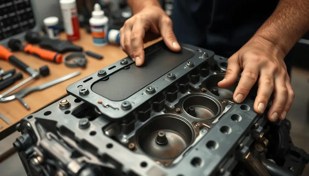 Technician installing diesel head gasket following proper torque sequence