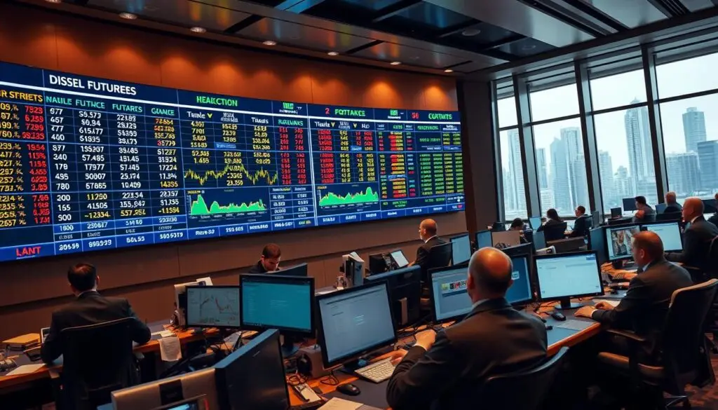 Trading screen showing diesel futures contracts and market data for fleet fuel hedging decisions