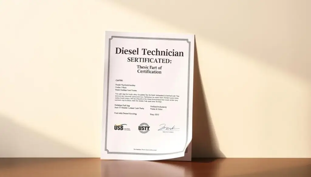 ASE certification credentials and manufacturer training badges for diesel technicians