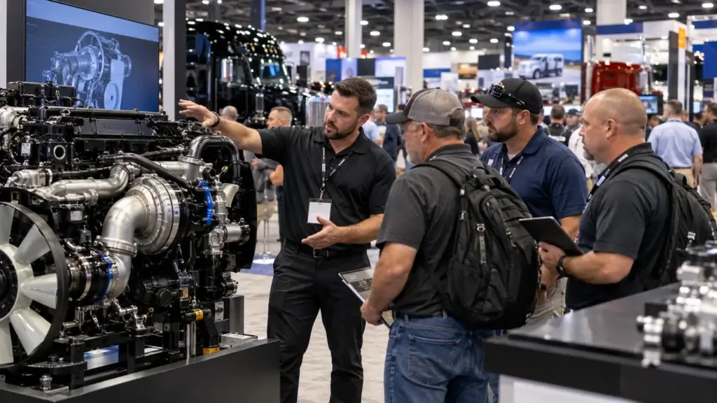 Heavy-duty diesel trade show exhibitor demonstrating a commercial diesel engine to fleet and shop professionals while discussing equipment, leads, and purchasing decisions.