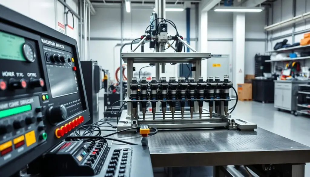 Diesel injector calibration test bench setup showing mounted injector and diagnostic connections