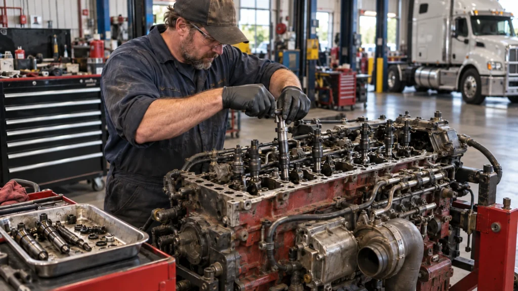 Diesel mechanic removing and inspecting fuel injectors from the upper section of a heavy-duty diesel engine mounted on an engine stand inside a commercial truck repair shop.