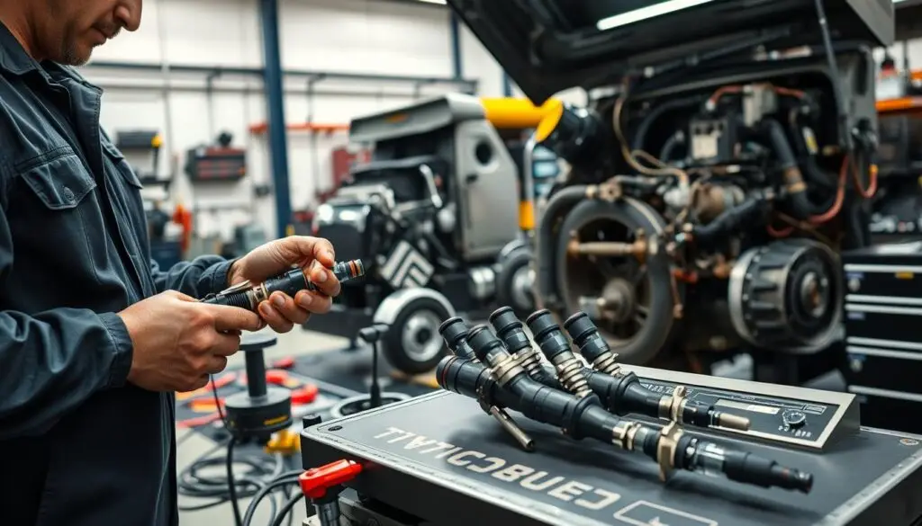 Technician performing diesel injector return flow test with graduated cylinders
