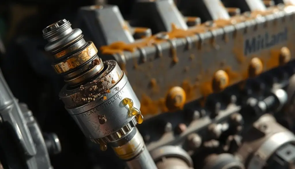 Cross-section of damaged diesel fuel injector showing contamination wear patterns