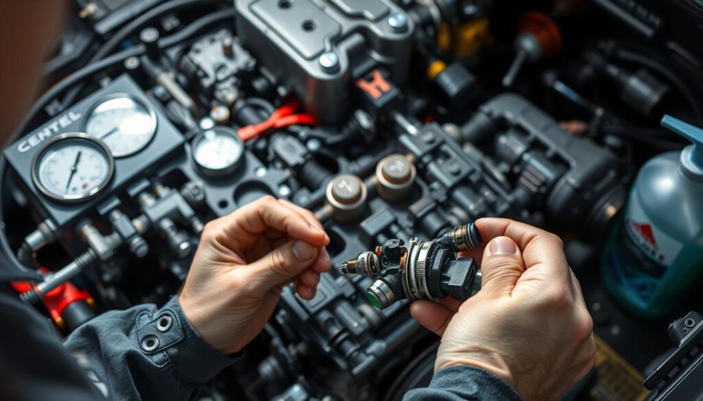 Diesel technician performing injector flow testing on diagnostic bench with pressure gauges