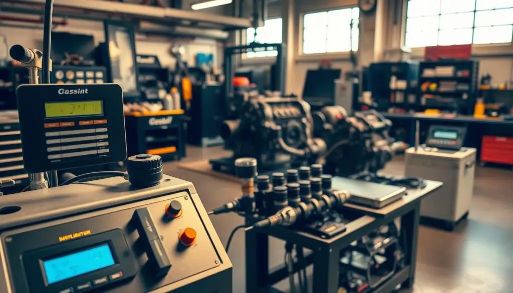 Technician performing electrical resistance testing on common rail diesel injector with multimeter