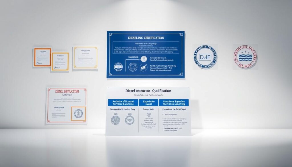 ASE certification documents and diesel technology training credentials on workbench
