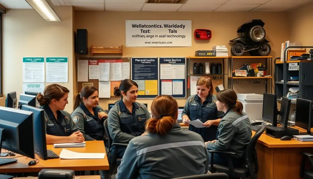 Career counselor assisting female diesel technology graduate with job placement