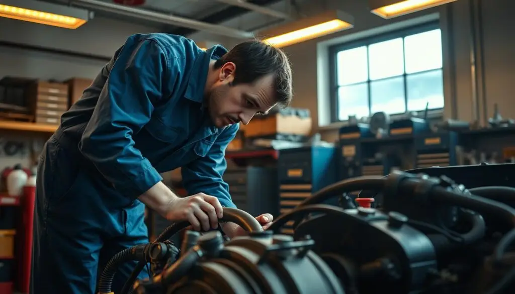 mechanic inspecting contaminated diesel fuel filter causing pressure loss