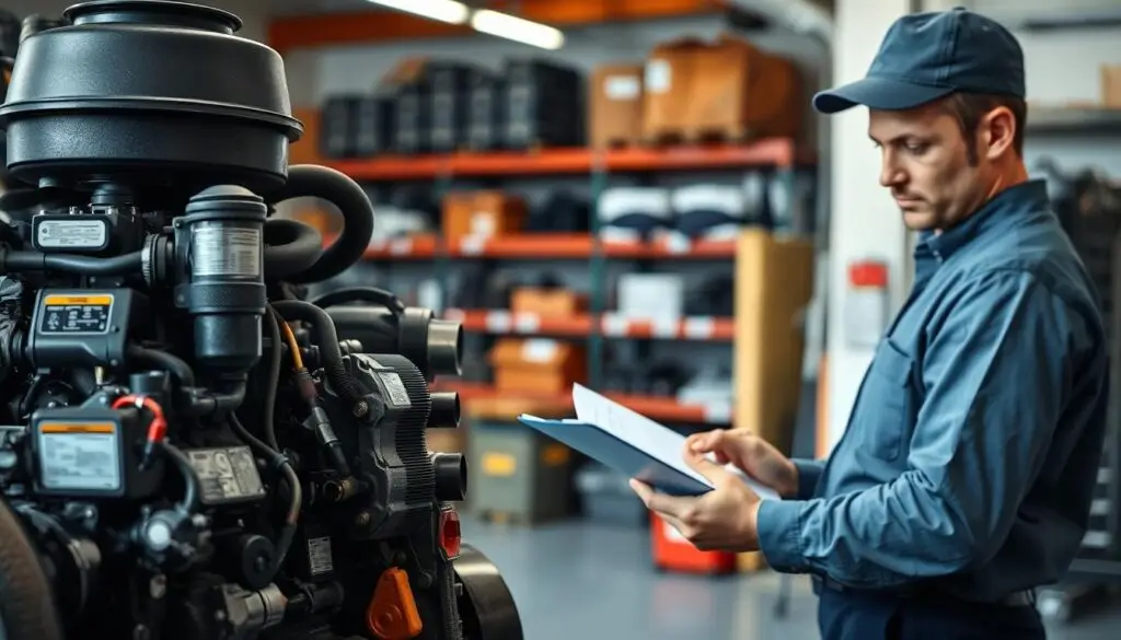 Fleet maintenance technician performing systematic inspection using digital checklist on tablet