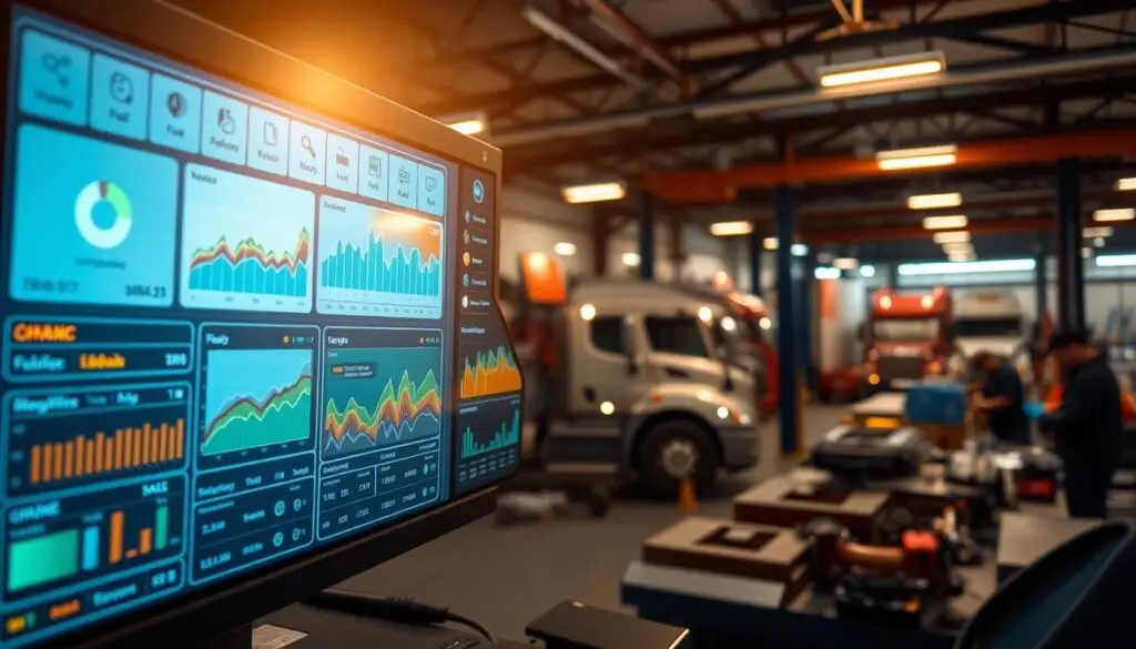 Diesel maintenance tracking dashboard displaying real-time fleet data including engine hours, fault codes, and scheduled services