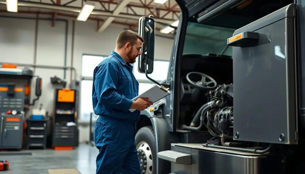 Diesel technician behind the wheel of a semi-truck performing a post-repair test drive on public road, demonstrating when CDL requirements apply to mechanics