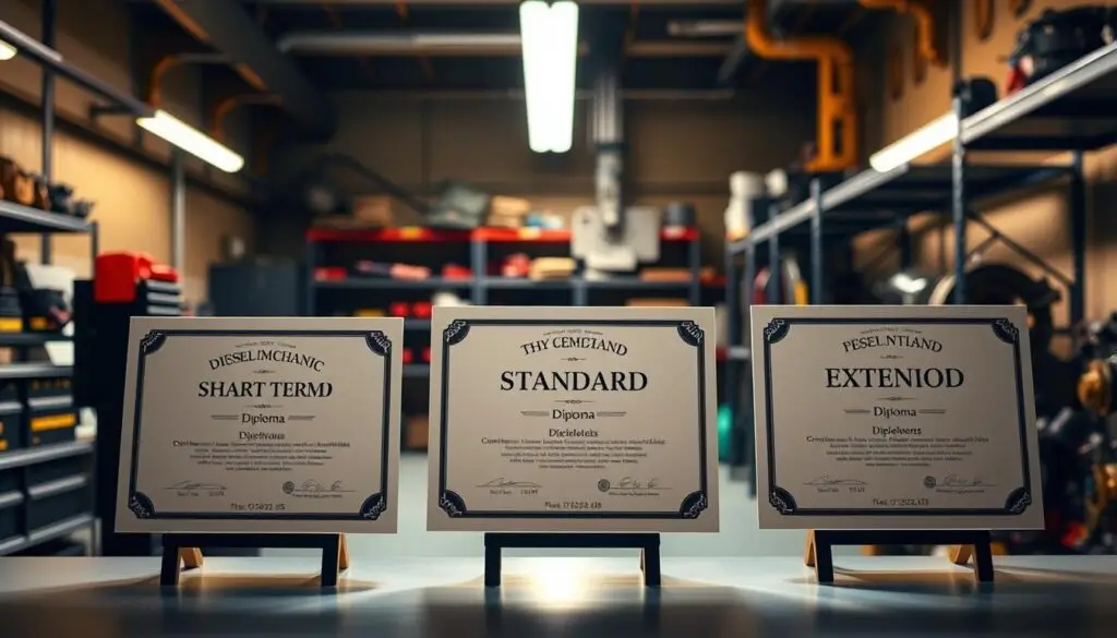 Visual comparison of diesel mechanic certificate and diploma program durations