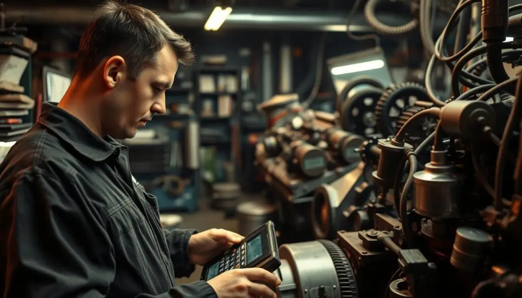 diesel technician using advanced diagnostic equipment for certification training