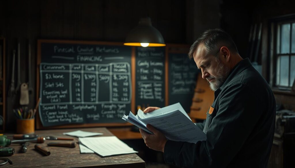 Diesel mechanic analyzing income documents and financial projections at workstation