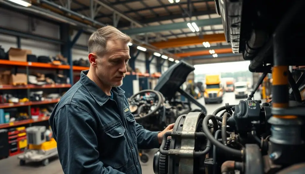 Diesel technician inspecting heavy-duty truck engine in modern repair facility