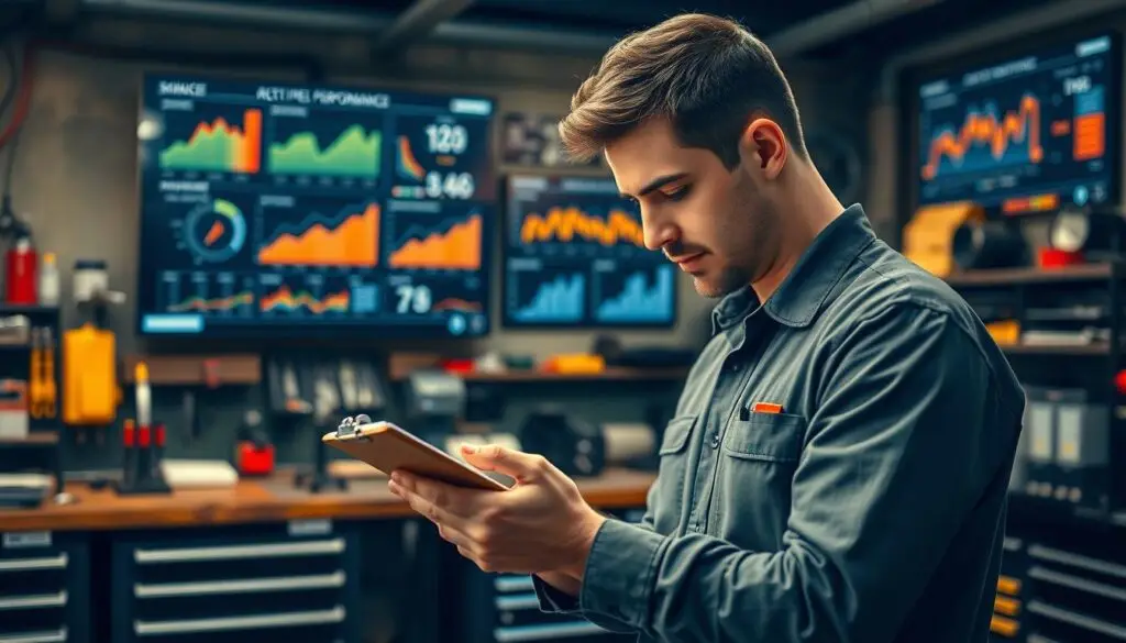 Shop manager reviewing diesel mechanic performance data on tracking dashboard