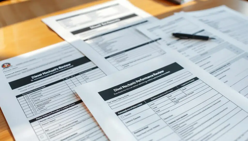 Printed diesel mechanic performance review template with rating scales and KPI sections