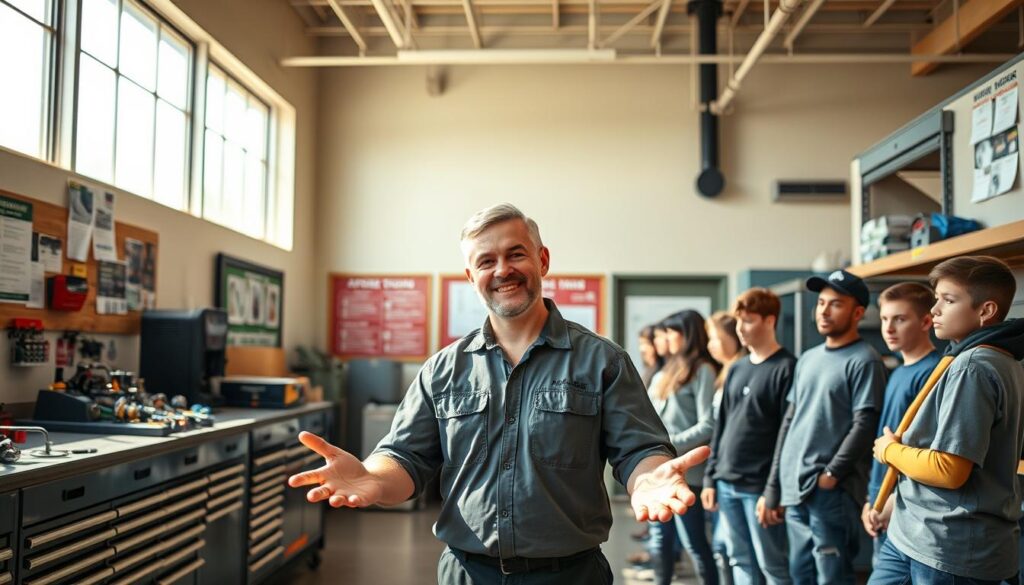 Recruiter connecting with vocational students for diesel technician apprenticeship program