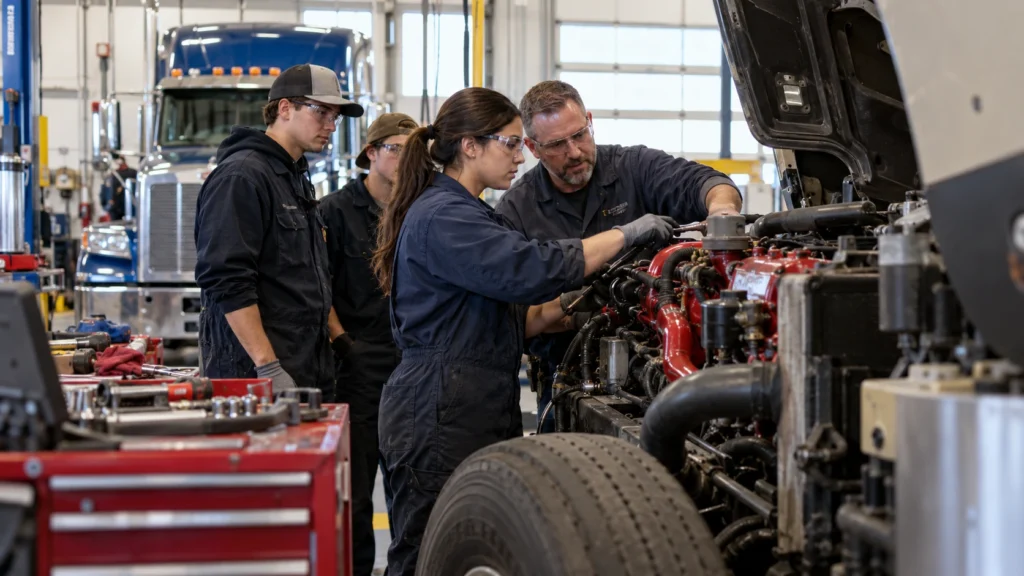 Diesel mechanic students receiving hands-on heavy-duty truck engine training in a technical school shop.