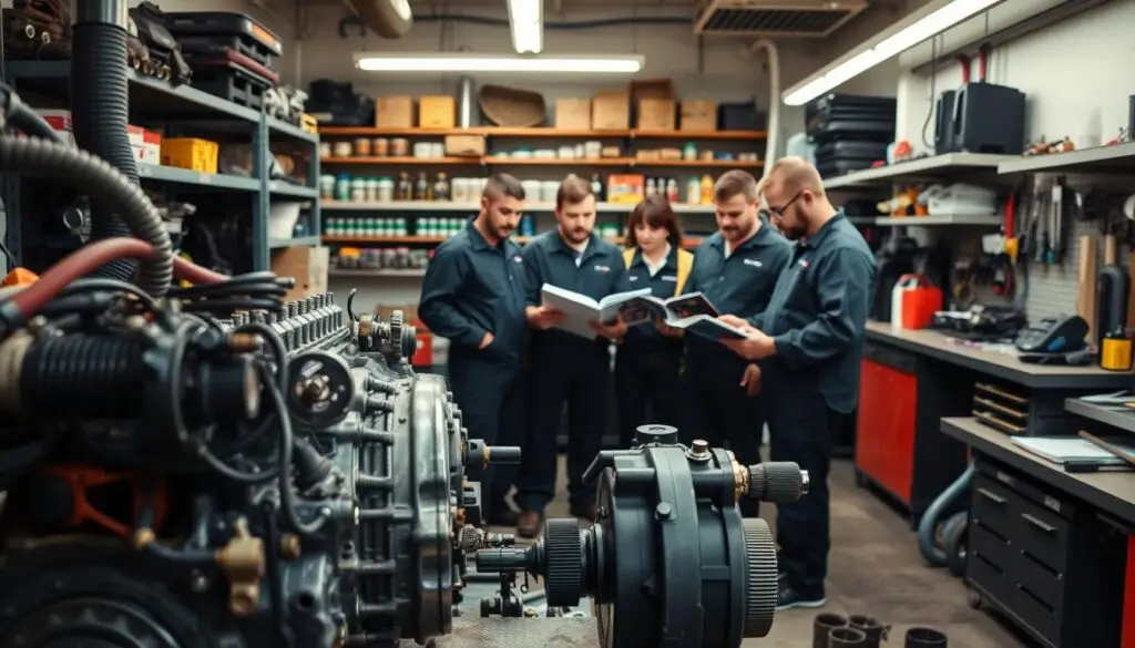 Diesel mechanic students working on engine components in training lab