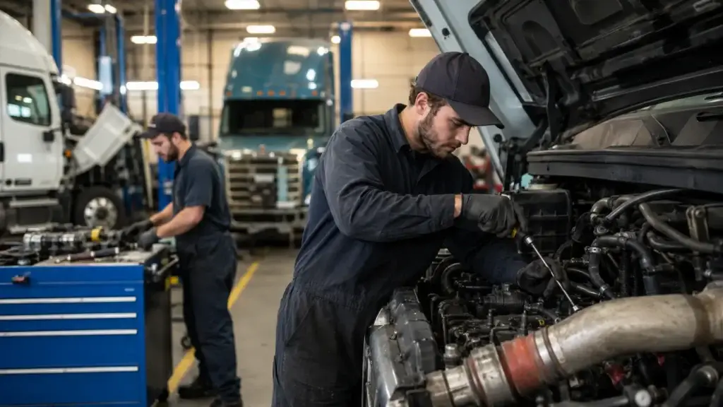 Professional diesel technician performing engine diagnostics on a Class 8 semi-truck inside a modern commercial truck repair shop, illustrating the nationwide diesel mechanic shortage and growing demand for skilled heavy-duty technicians.
