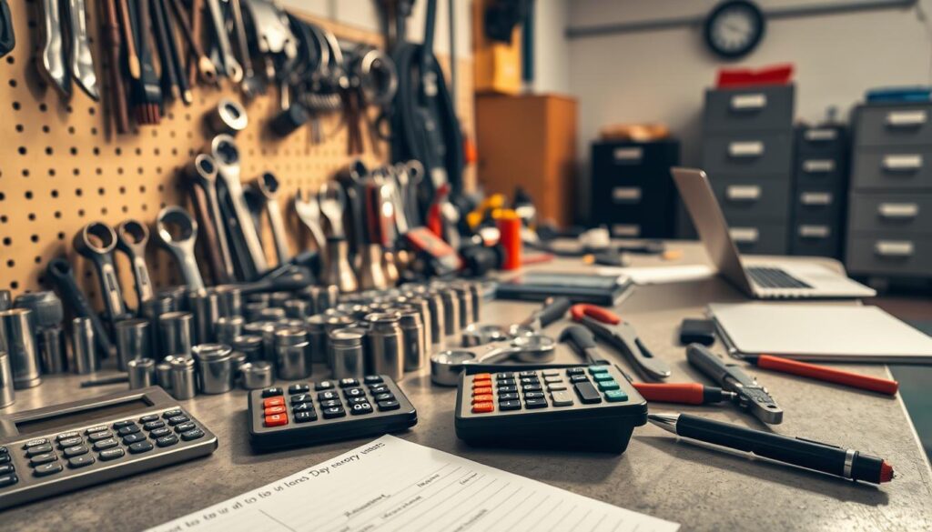 Diesel mechanic tools and equipment eligible for tax deductions spread on workbench