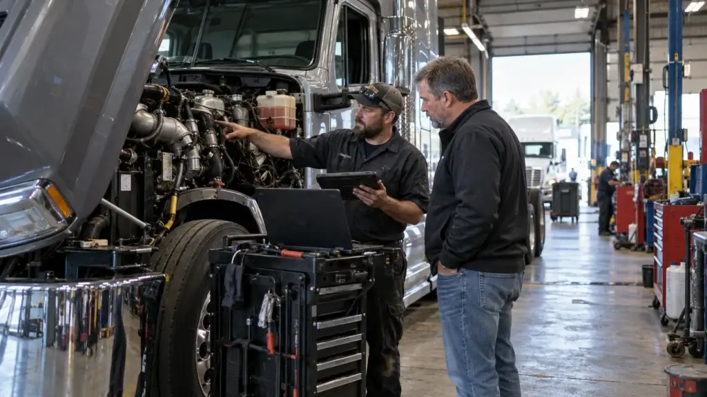 Qualified diesel technician diagnosing a heavy-duty semi-truck engine with professional diagnostic equipment while discussing the repair with a customer inside a commercial truck repair shop.