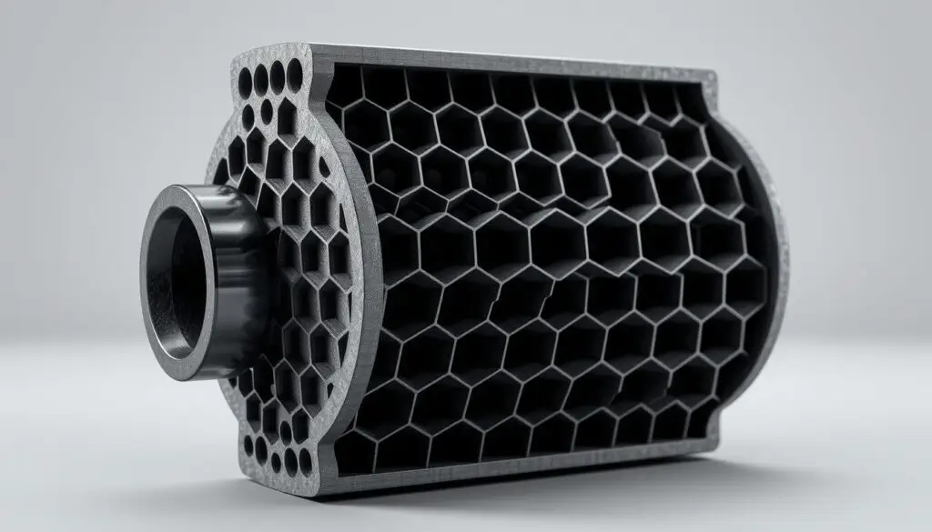 Diesel particulate filter construction showing ceramic channels and wall-flow filtration design