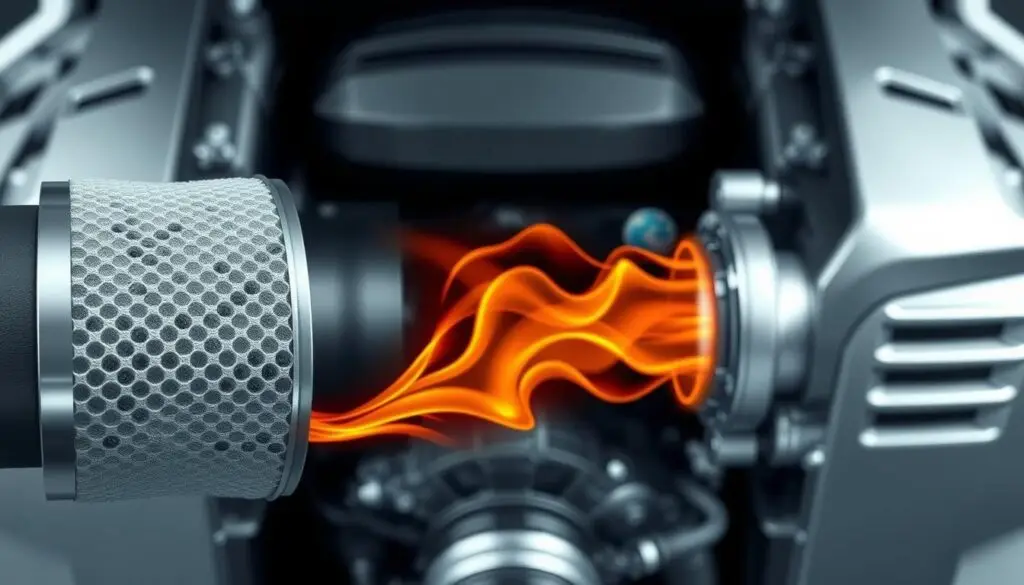 Cutaway diagram showing DPF soot capture and regeneration burn cycle in commercial diesel exhaust system