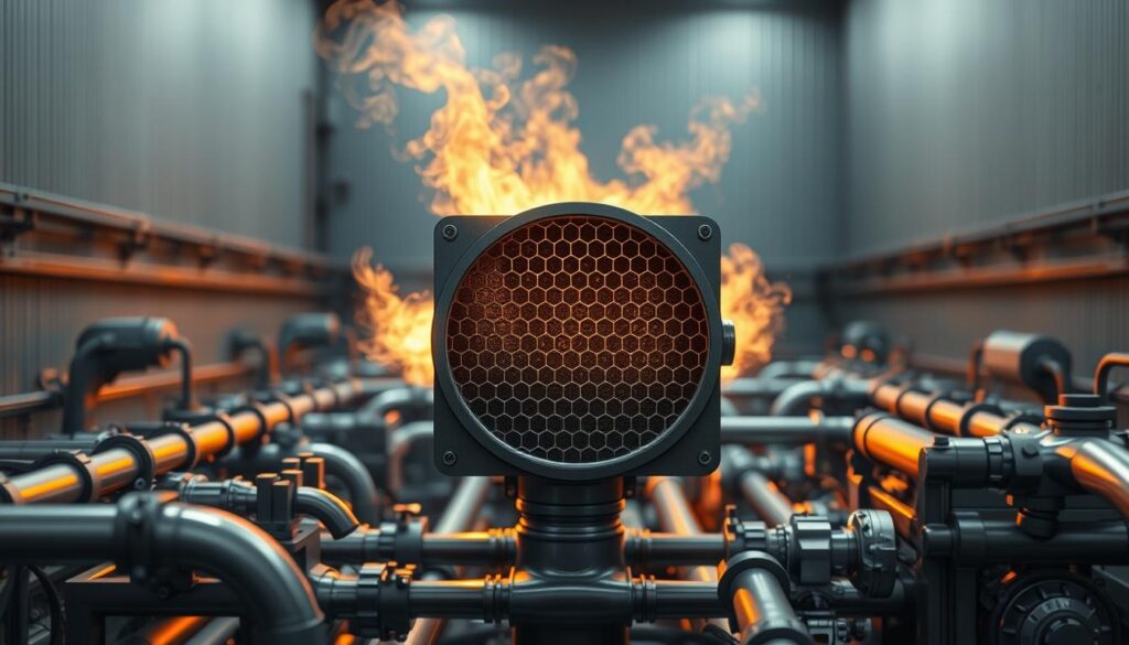 Diesel particulate filter system showing exhaust aftertreatment components and honeycomb structure