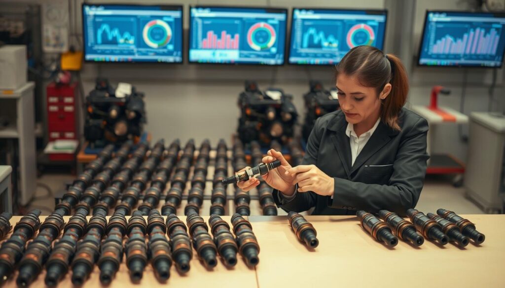 Diesel parts warehouse with organized inventory shelving and quality inspection area