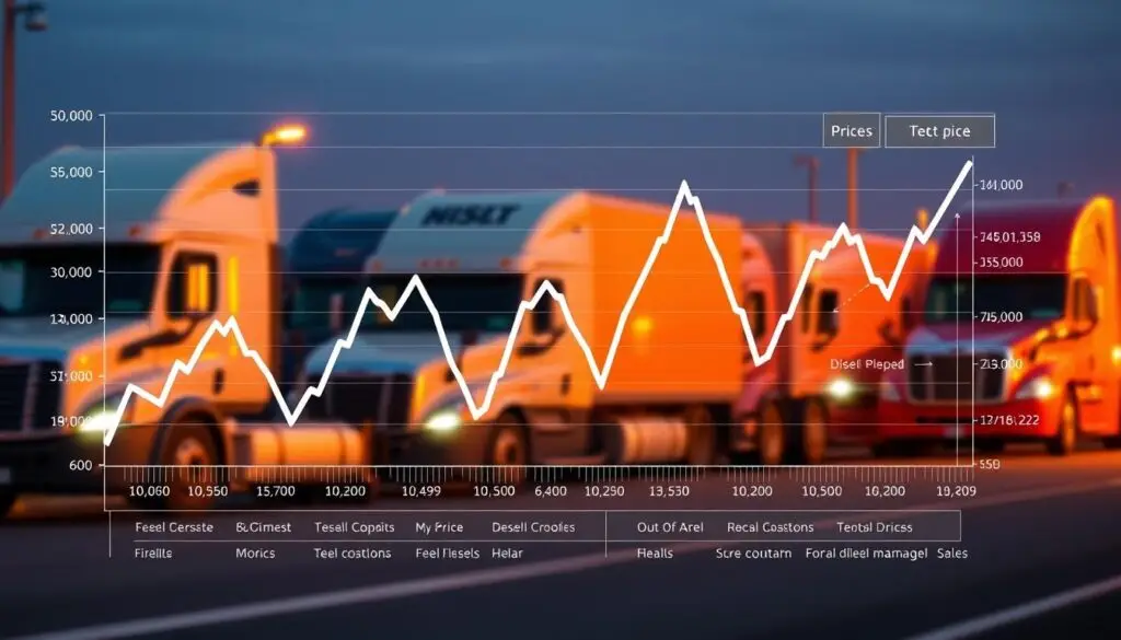 Fleet manager analyzing diesel price trends on computer dashboard showing market fluctuations and hedging opportunities