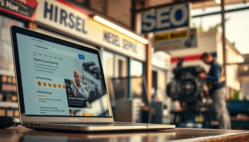Screenshot showing Google Business Profile optimization for mobile diesel repair services with customer reviews