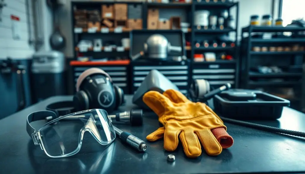 Diesel technician wearing heat-resistant gloves and safety glasses working on exhaust system