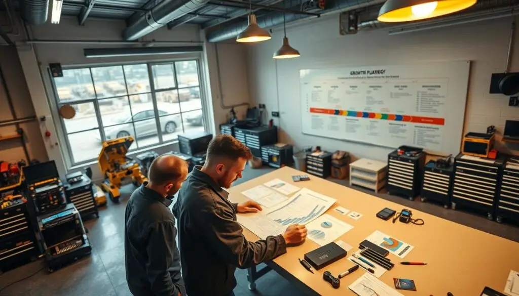 Fleet manager reviewing financial documents and expansion planning materials for diesel repair shop growth