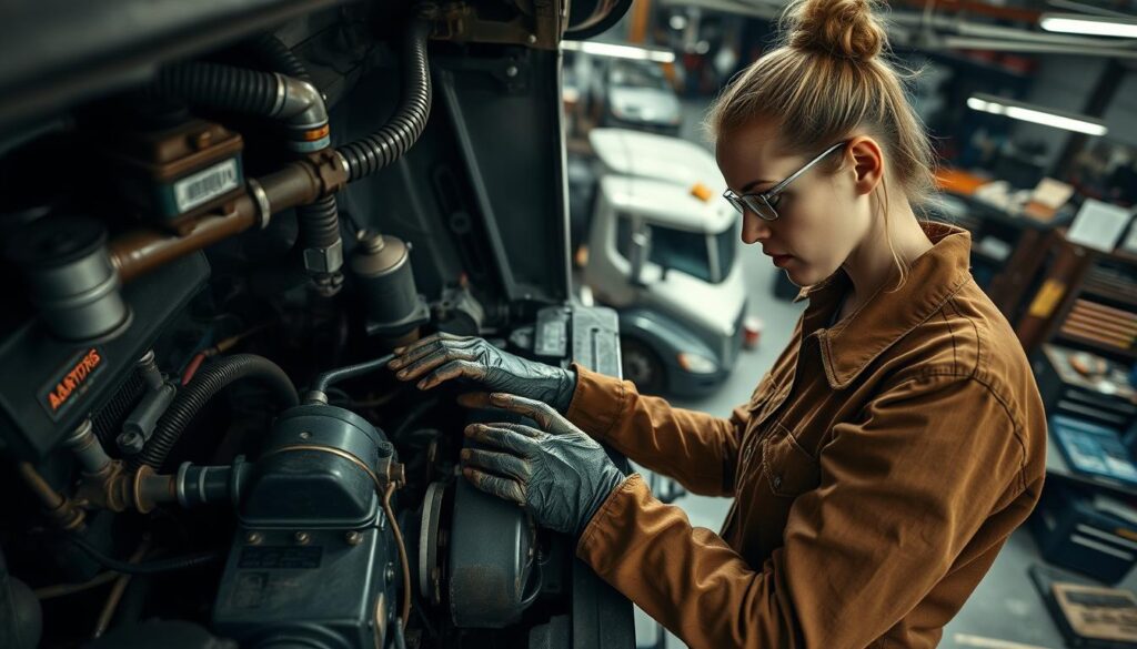 Diesel repair technician training on heavy-duty engine diagnostic equipment