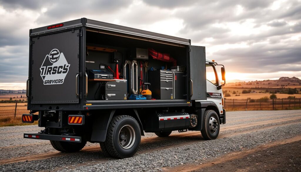 Fully equipped mobile diesel service truck with tool compartments and diagnostic equipment ready for field repairs