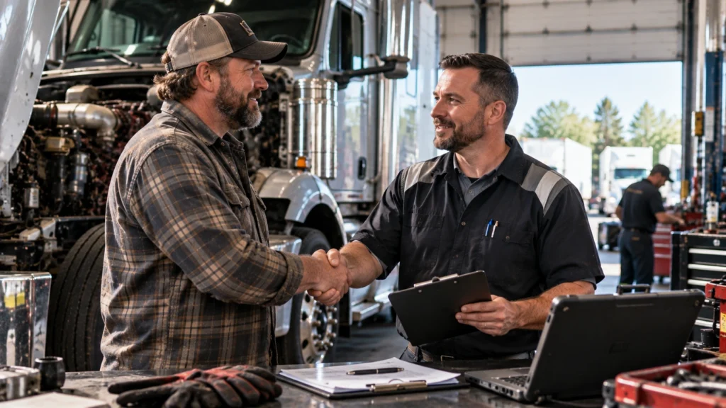 Owner-operator and diesel repair technician building customer trust inside a heavy-duty truck repair shop