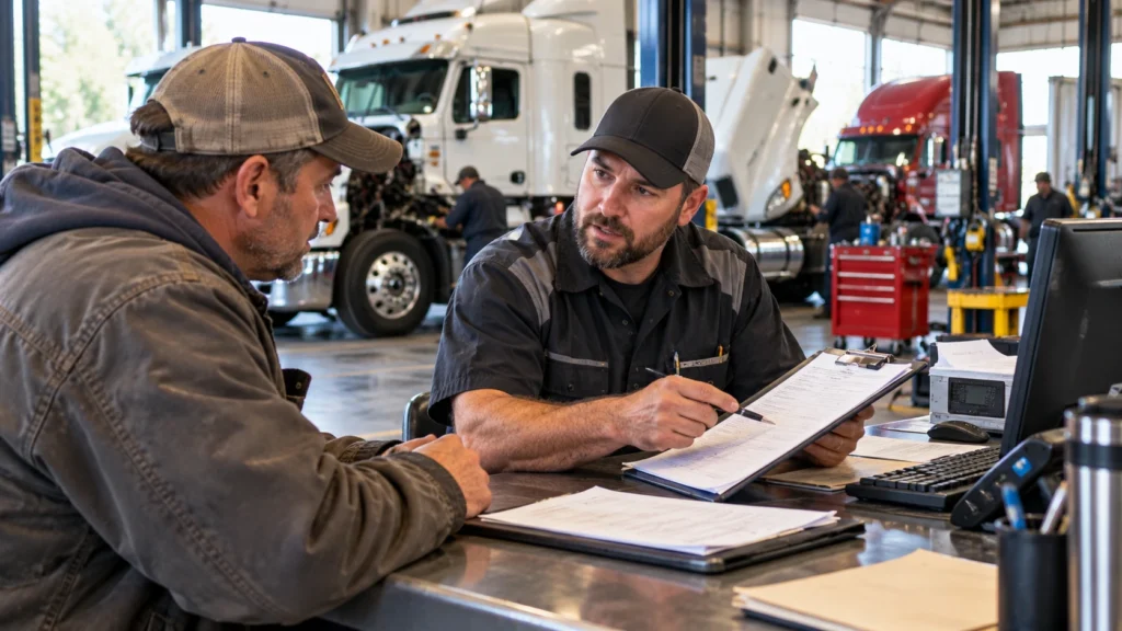 Diesel repair shop service advisor reviewing an estimate and repair details with a commercial truck customer while heavy-duty trucks are being serviced in the background.