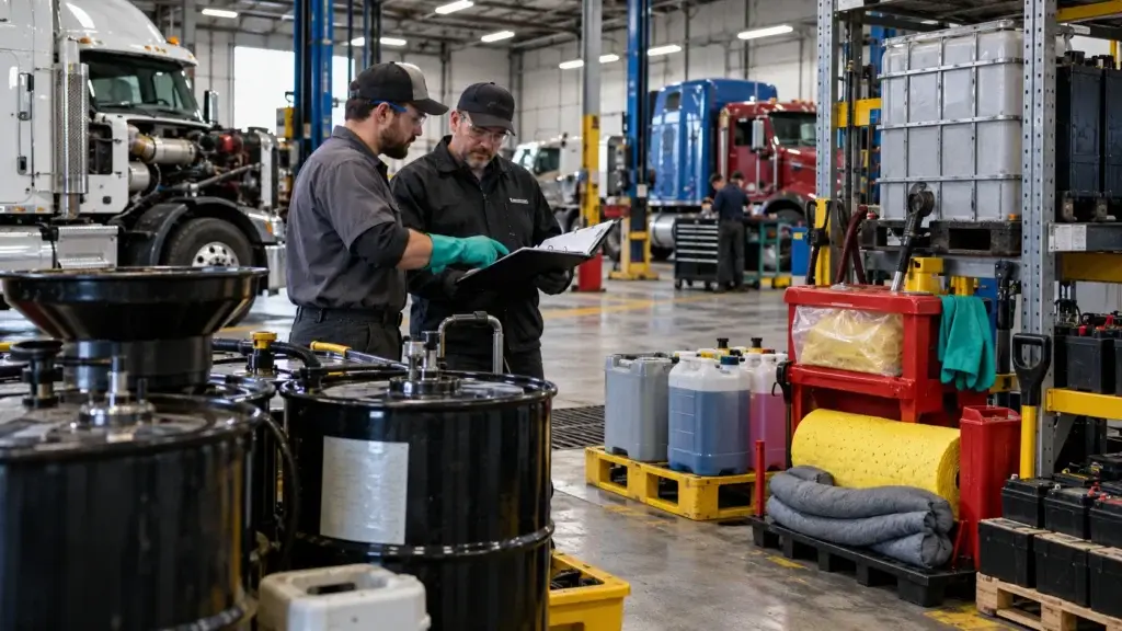 Diesel shop technicians reviewing hazardous materials compliance procedures near used oil, chemical containers, batteries, and service equipment in a heavy-duty repair facility.