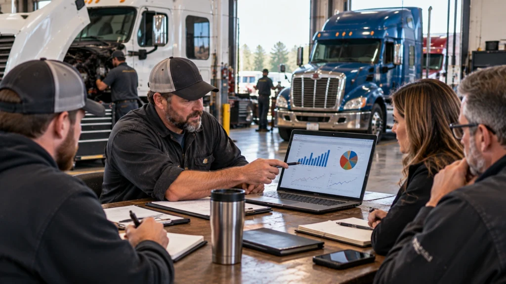 Diesel repair shop team reviewing a marketing plan while technicians service heavy-duty commercial trucks